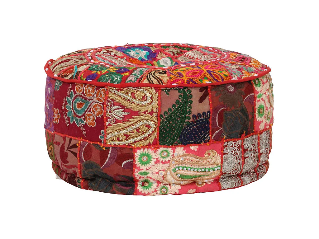 Pouf Patchwork Rotondo Fatto a Mano in Cotone 40x20 cm Rosso