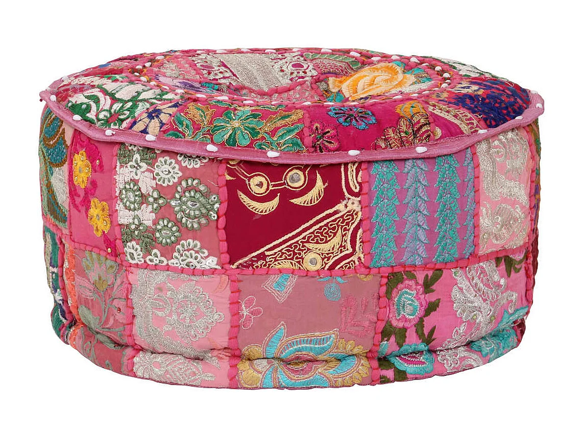 Poef patchwork rond handgemaakt 40x20 cm katoen roze