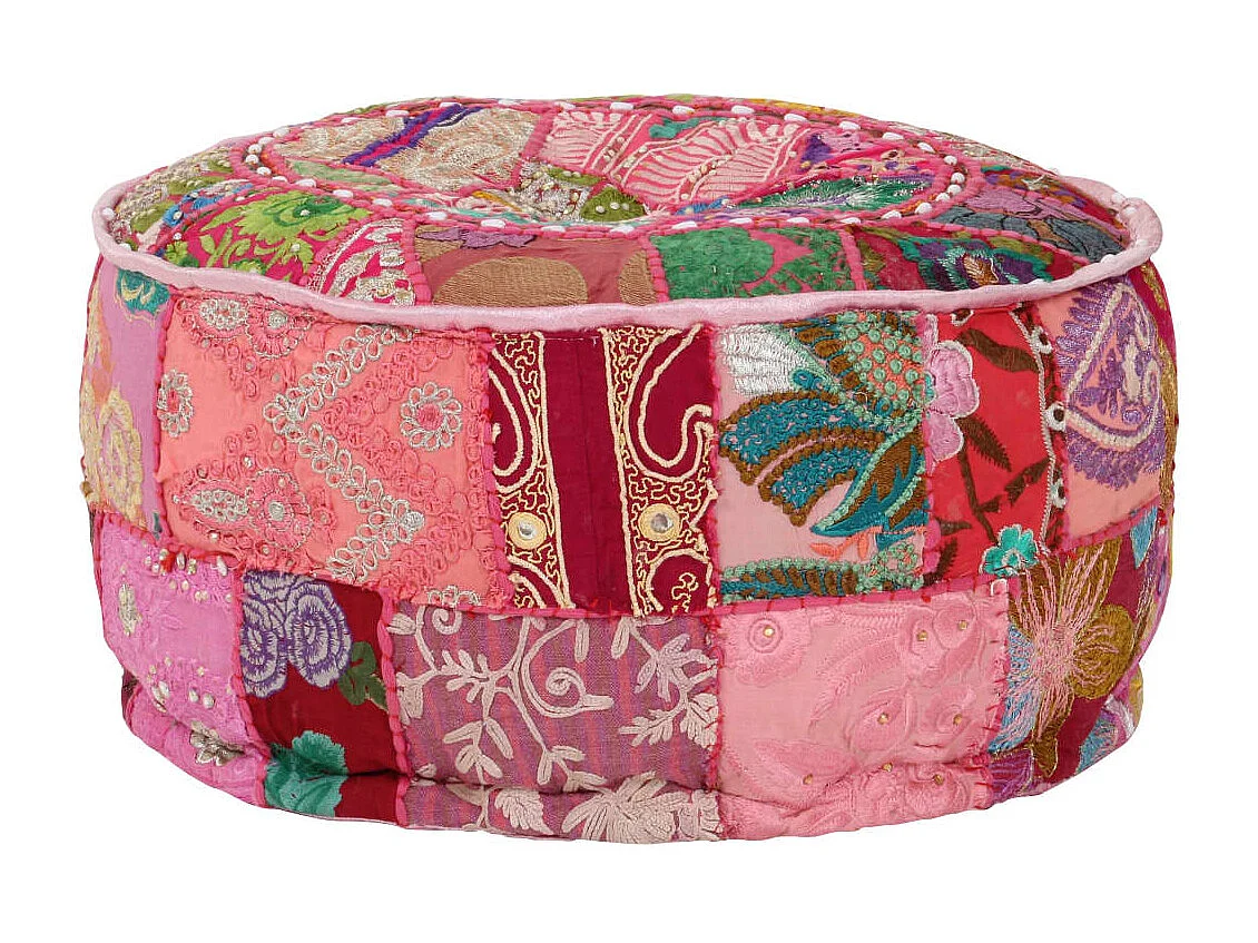 Poef patchwork rond handgemaakt 40x20 cm katoen roze