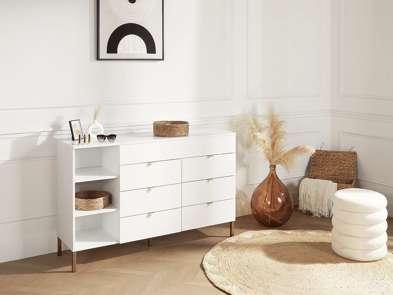 Commode 6 tiroirs, 3 niches et 1 coffre - Avec miroir - Blanc et doré - ONISHA