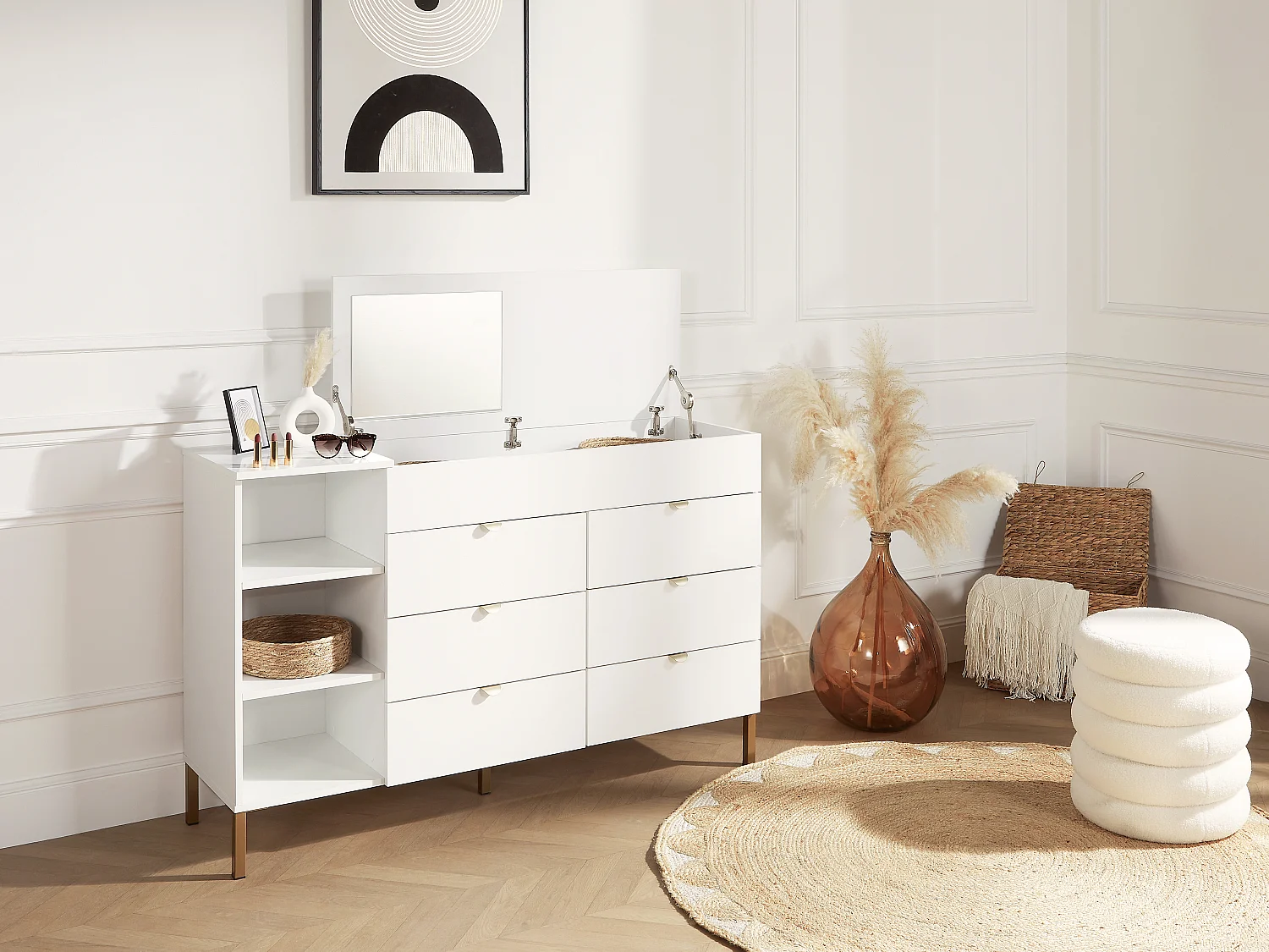 Commode 6 tiroirs, 3 niches et 1 coffre - Avec miroir - Blanc et doré - ONISHA