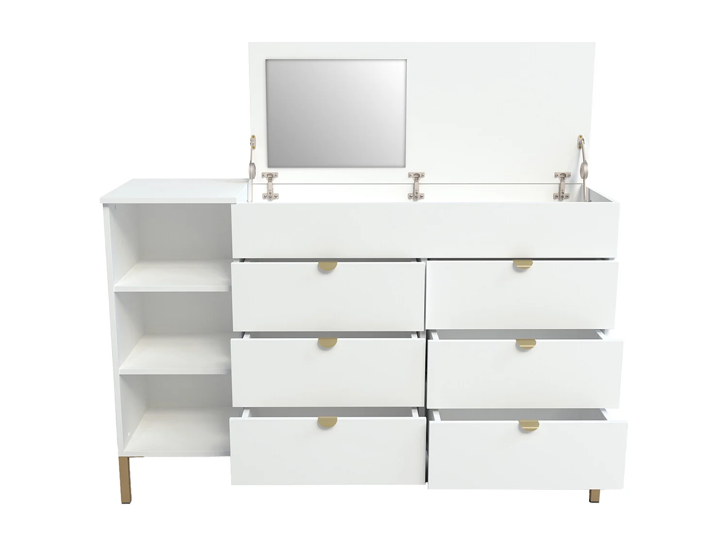 Commode 6 tiroirs, 3 niches et 1 coffre - Avec miroir - Blanc et doré - ONISHA