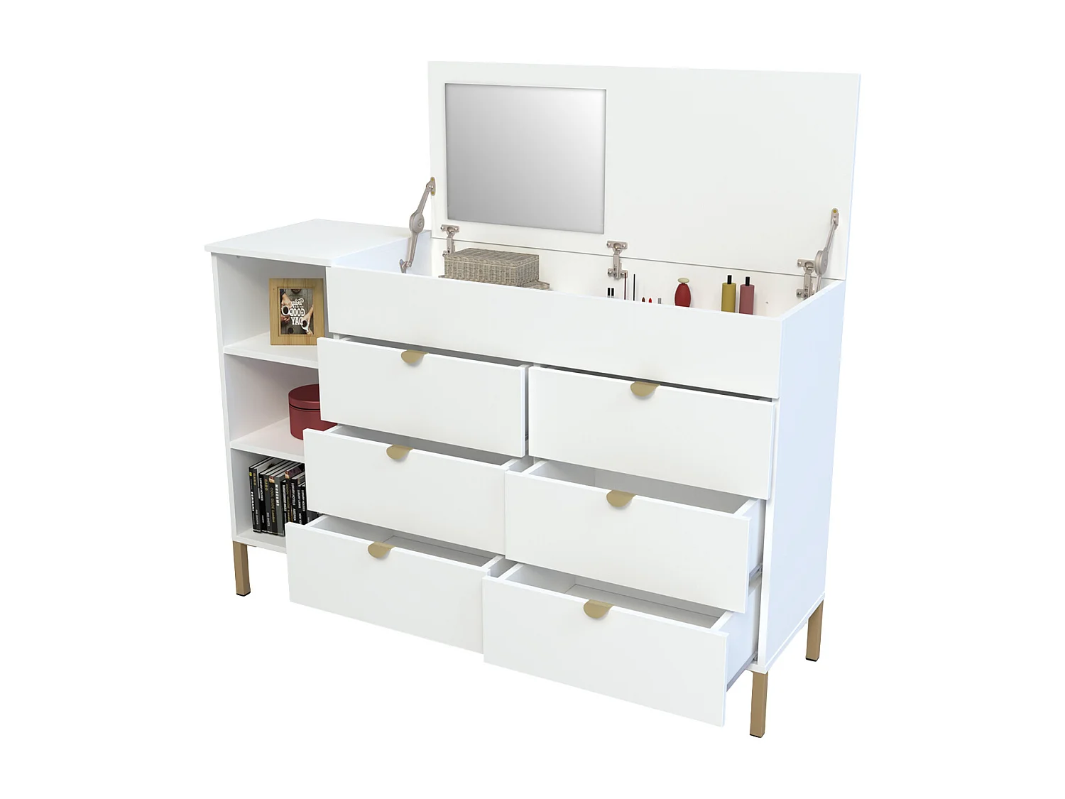 Commode 6 tiroirs, 3 niches et 1 coffre - Avec miroir - Blanc et doré - ONISHA