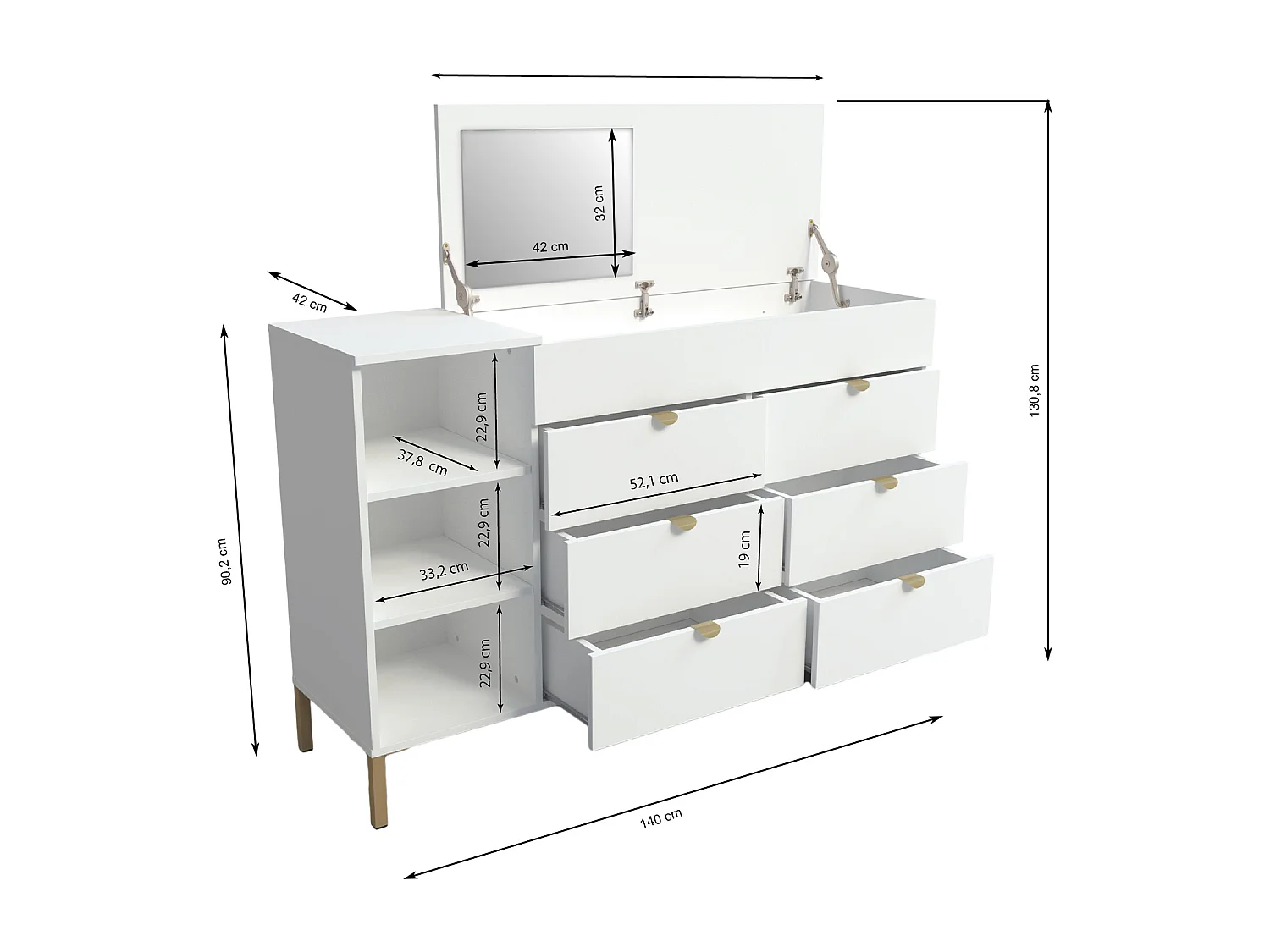 Commode 6 tiroirs, 3 niches et 1 coffre - Avec miroir - Blanc et doré - ONISHA