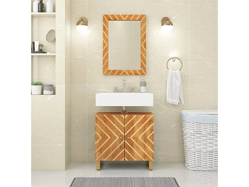 Meuble de lavabo de bain marron et noir bois massif de manguier