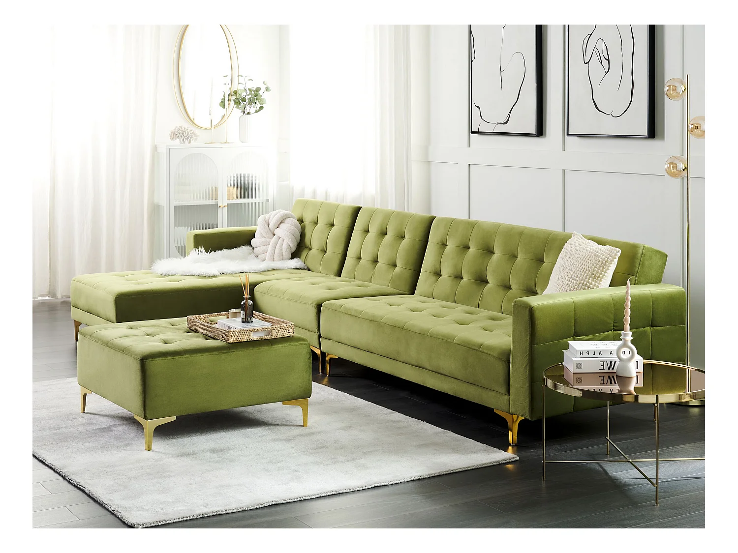 Canapé-lit d'angle modulable 5 places ABERDEEN Velours Vert avec ottoman Côté droit