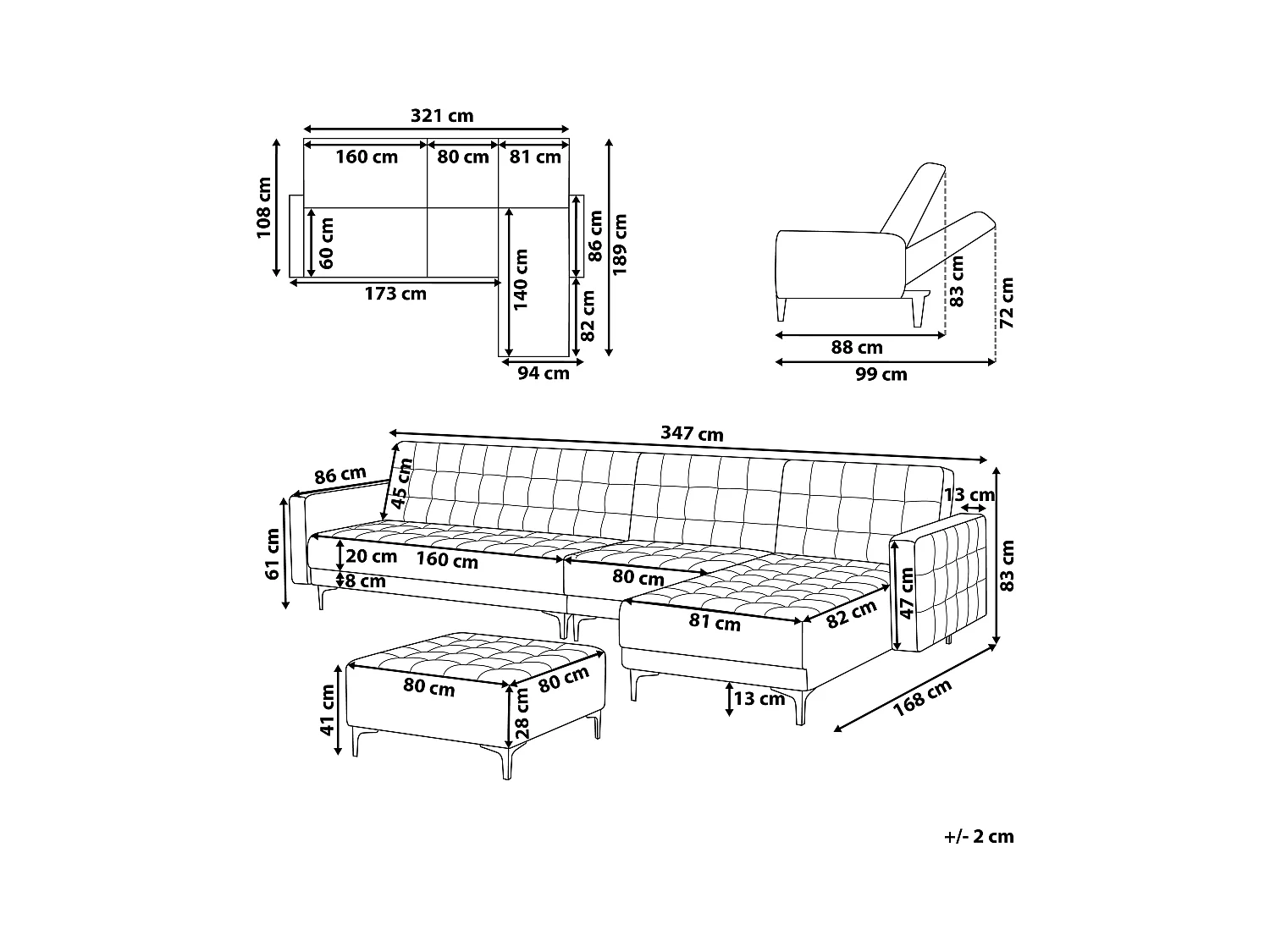 Canapé-lit d'angle modulable 5 places ABERDEEN Velours Vert avec ottoman Côté droite
