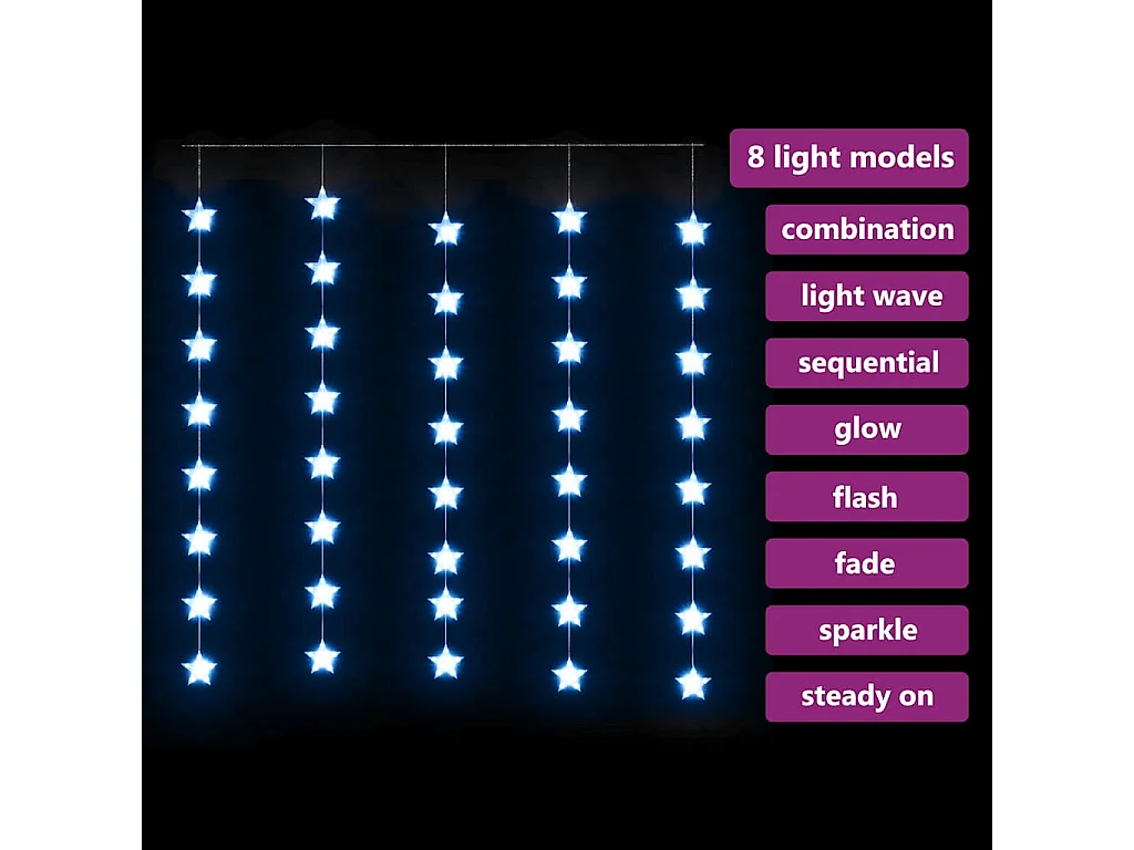 Lichtsnoergordijn sterren met 200 LED's en 8 functies blauw
