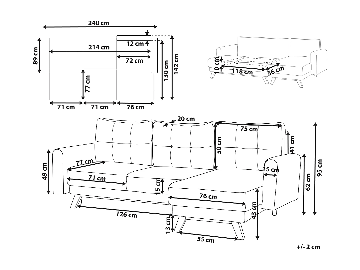 Schlafsofa SIRO Stoff Grau mit Stauraum 3-Sitzer linksseitig