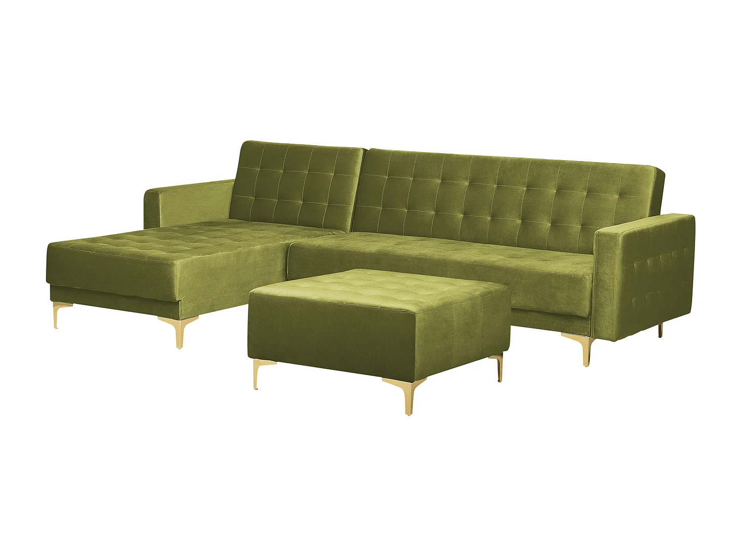 Canapé-lit d'angle modulable 4 places ABERDEEN Velours Vert avec ottoman Côté droit
