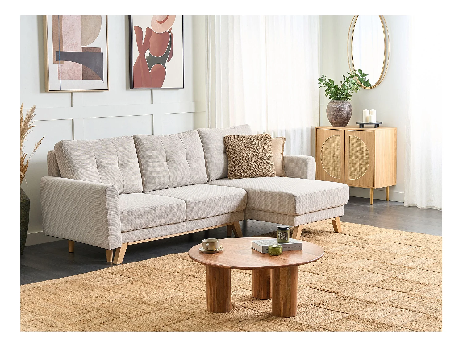 Schlafsofa SIRO Stoff Hellbeige mit Stauraum 3-Sitzer linksseitig
