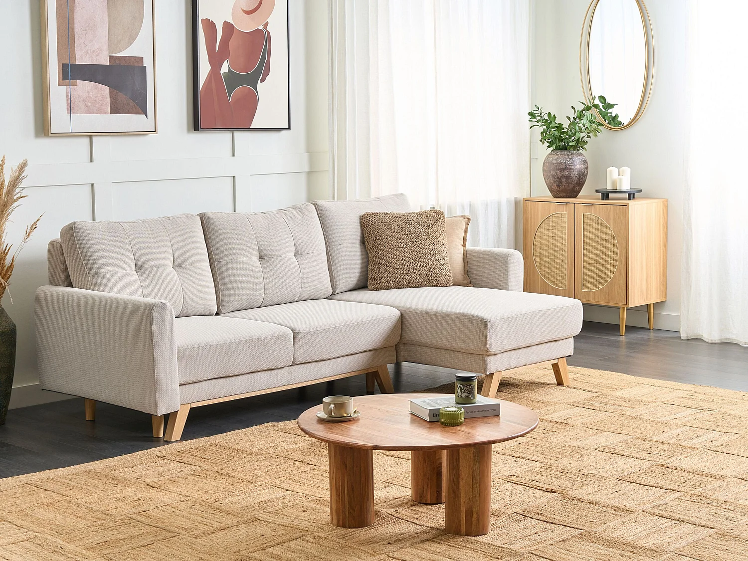 Canapé-lit SIRO Tissu Beige clair avec rangement 3 places Côté gauche