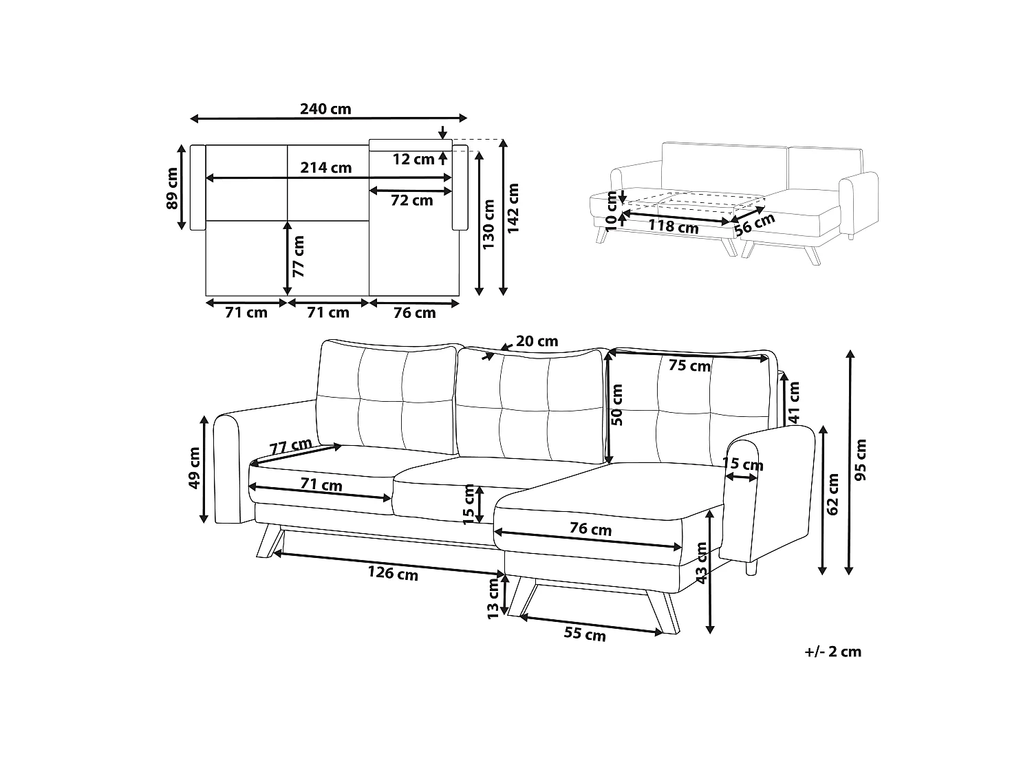 Canapé-lit SIRO Tissu Beige clair avec rangement 3 places Côté gauche