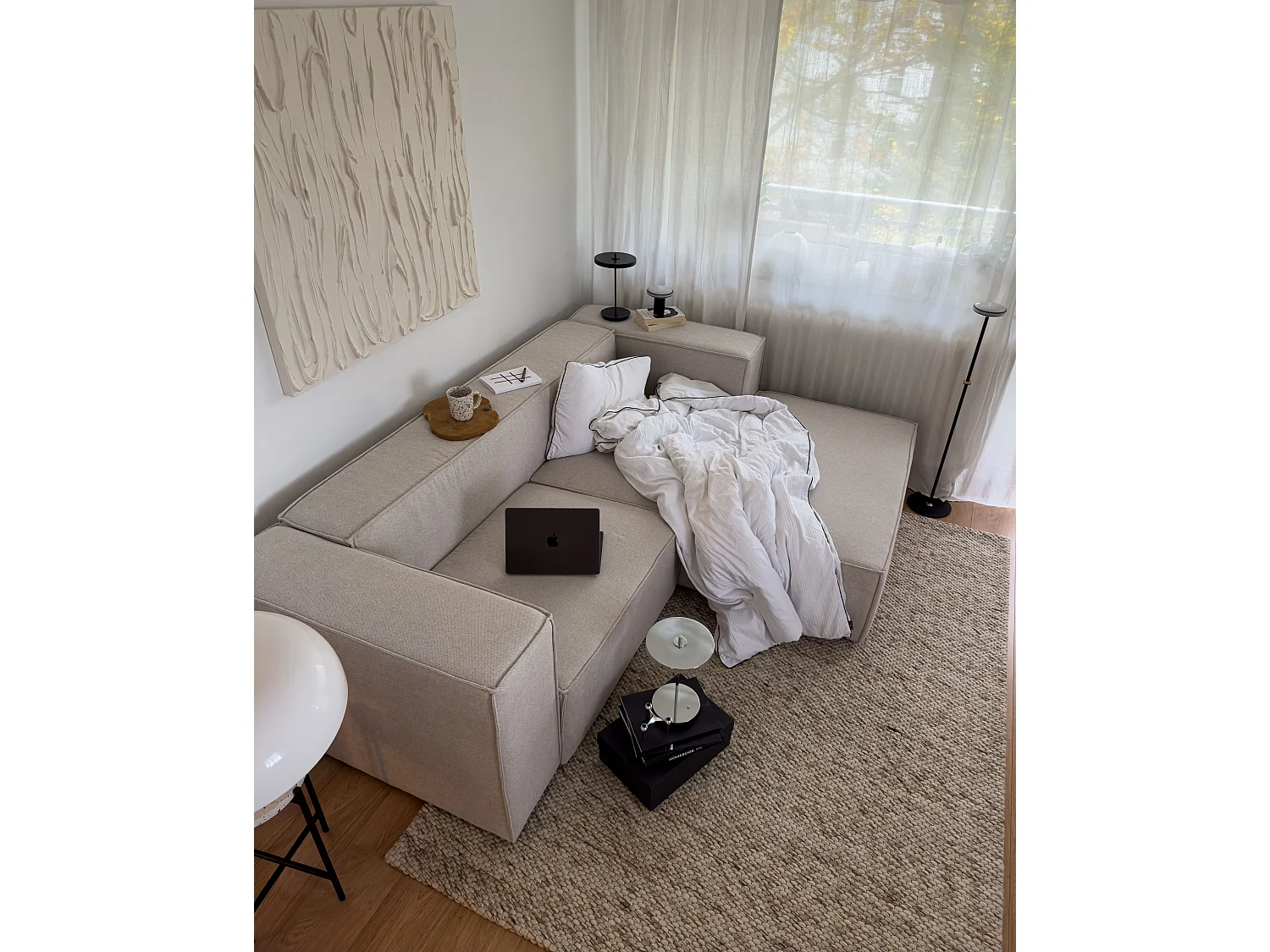 Canapé d'angle 2 places en velours beige VERNON