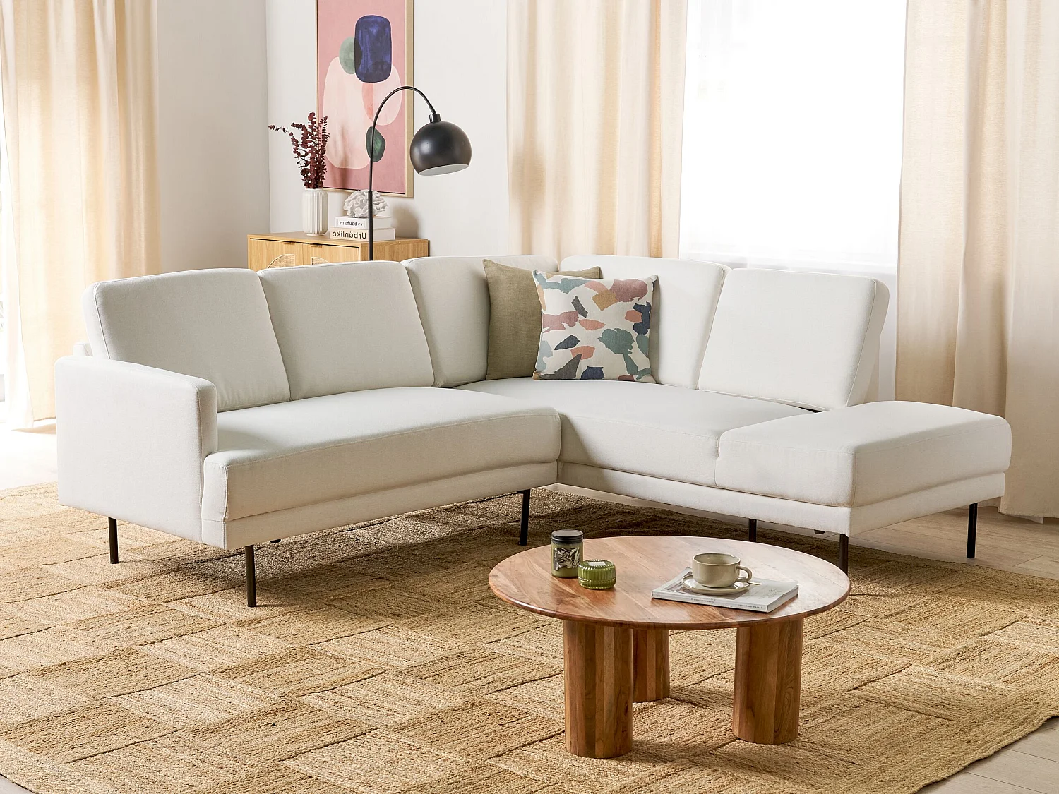 Canapé d'Angle Moderne Blanc Côté droite 4 Places avec Pieds en Métal Noir Breda