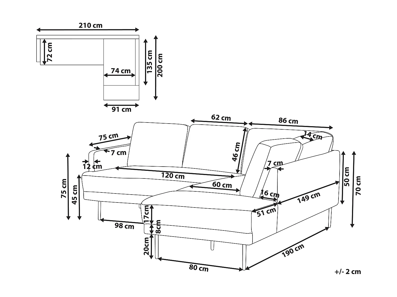 Canapé d'Angle Moderne Blanc Côté droite 4 Places avec Pieds en Métal Noir Breda