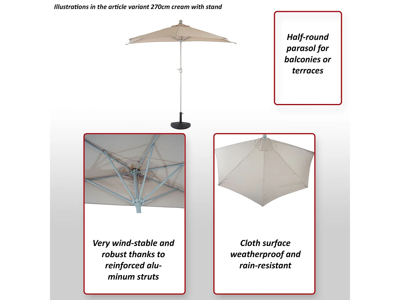 Parasol Lorca I halfronde UV 50+,  300cm crème zonder voet