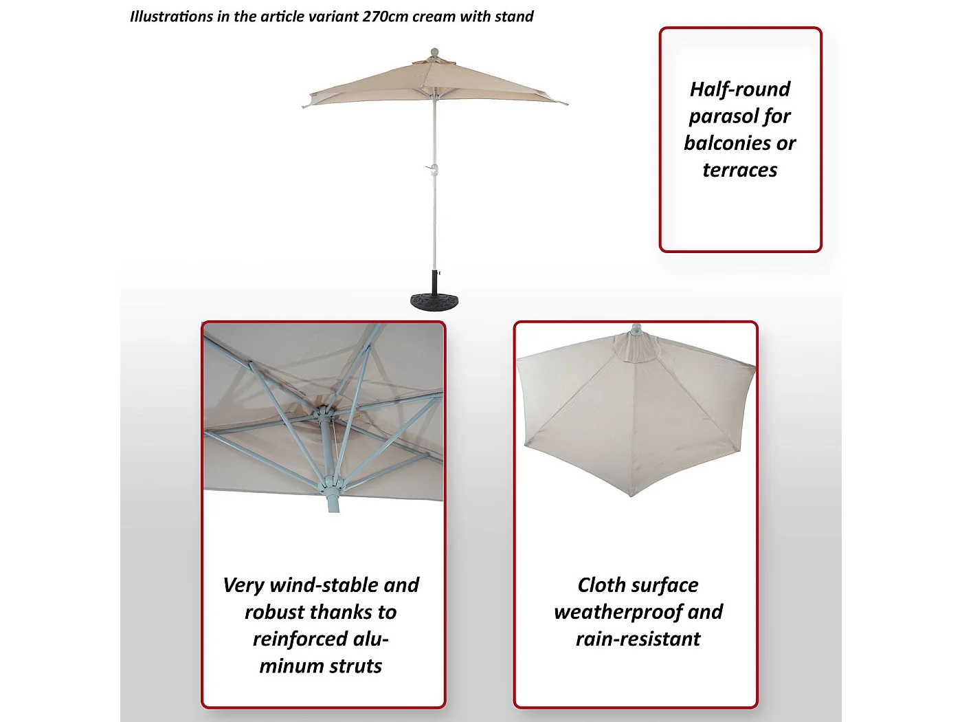 Parasol Lorca semi-circulaire 2,7m UV 50,  270cm bordeaux avec pied