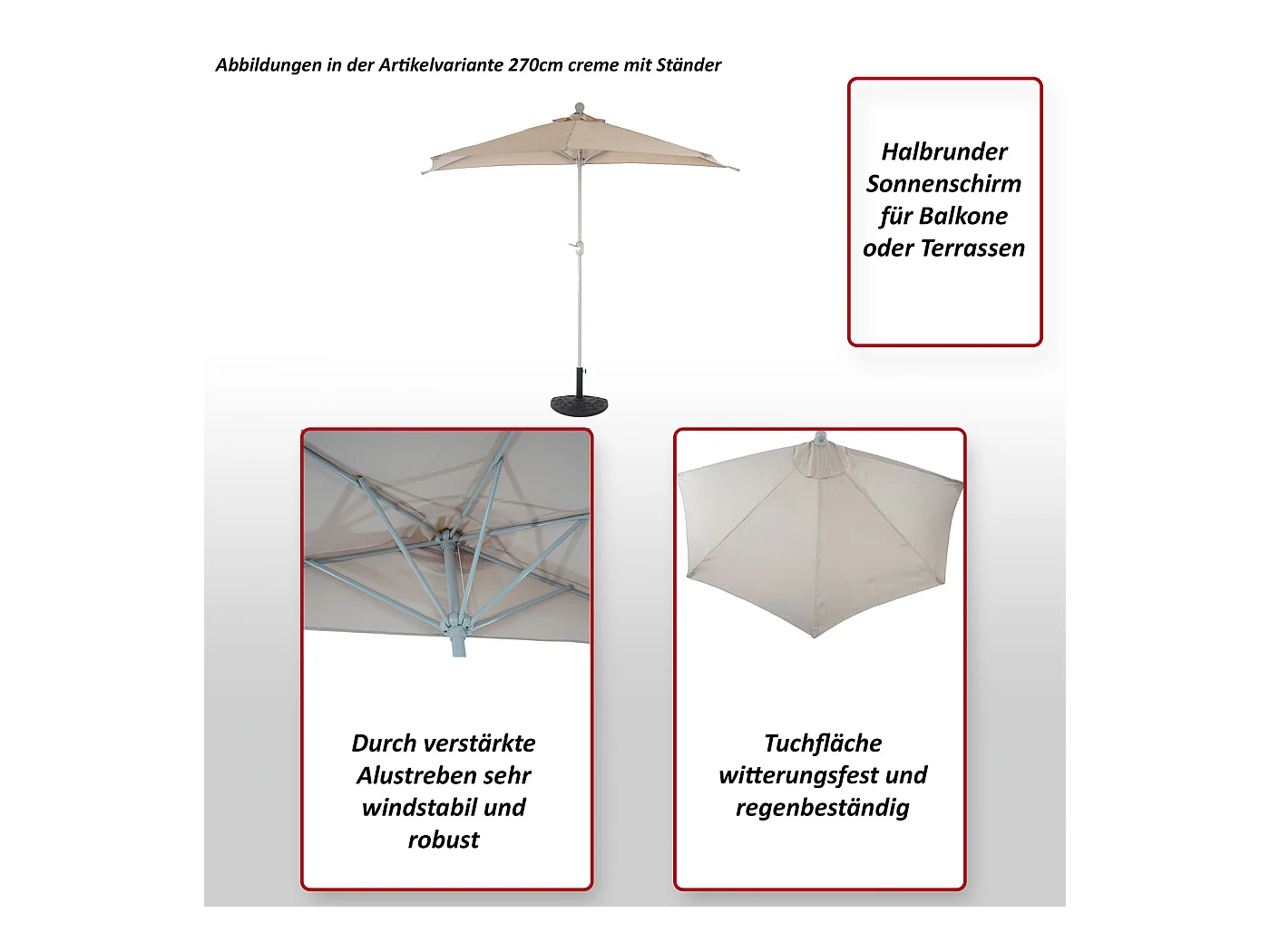 Parasol Lorca semi-circulaire 2,7m UV 50,  terracotta avec pied