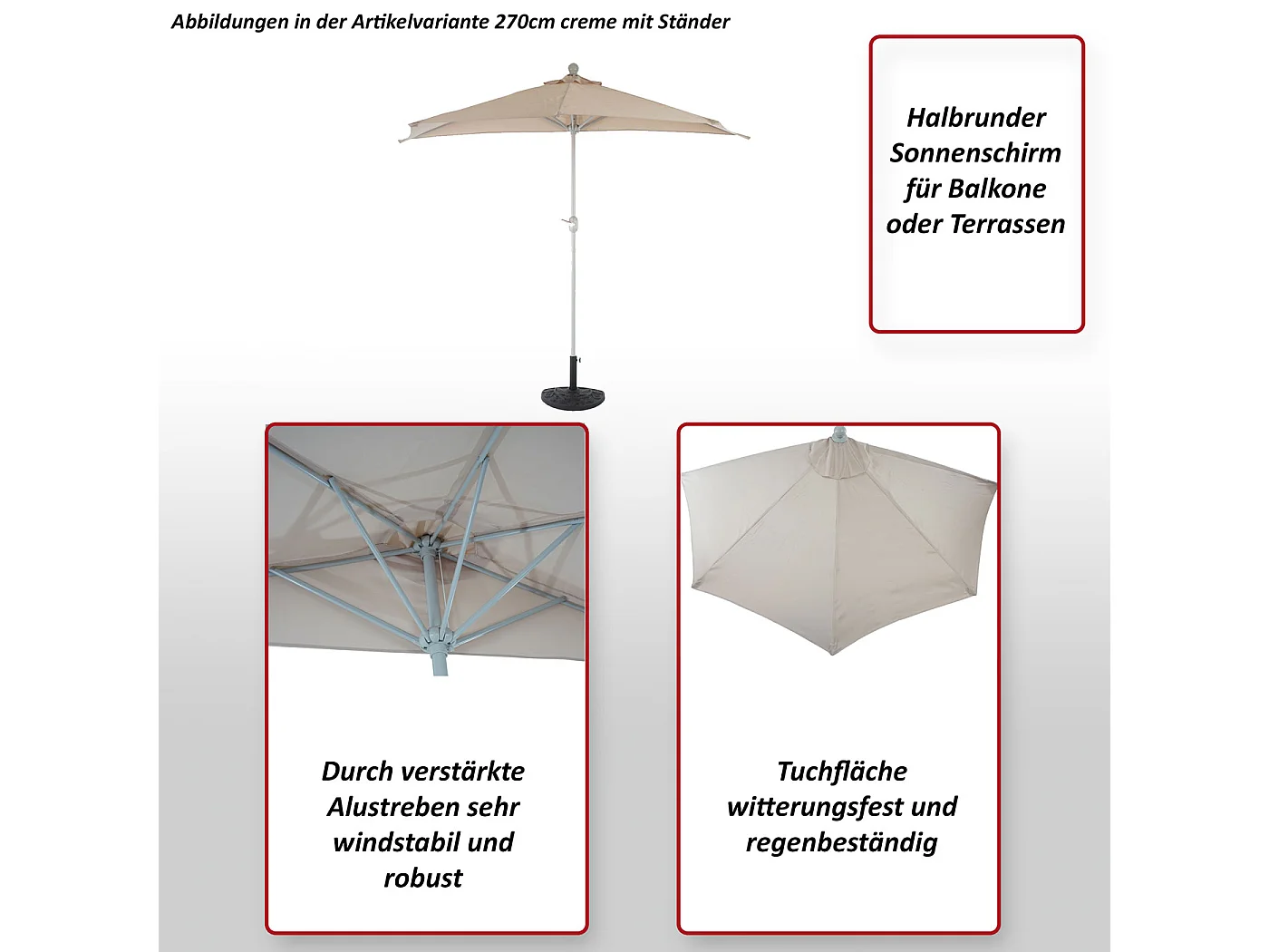 Parasol Lorca semi-circulaire 2,7m UV 50,  terracotta avec pied