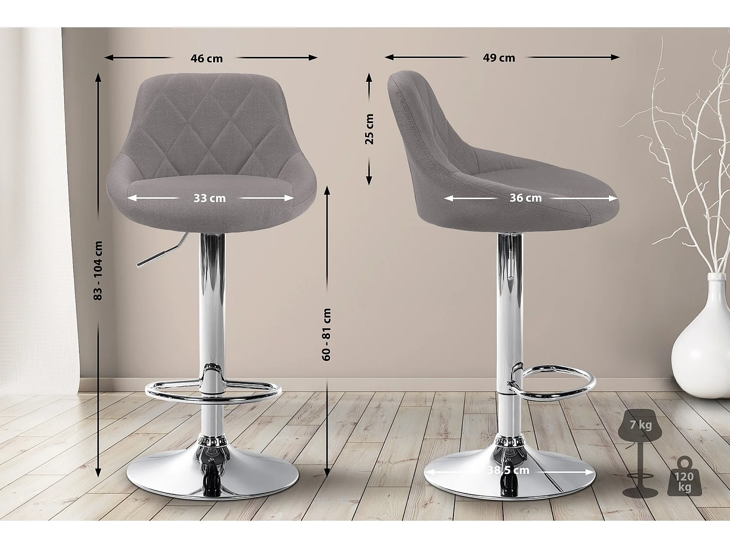 Barkruk - Stof & chroom - grijs - Lazio