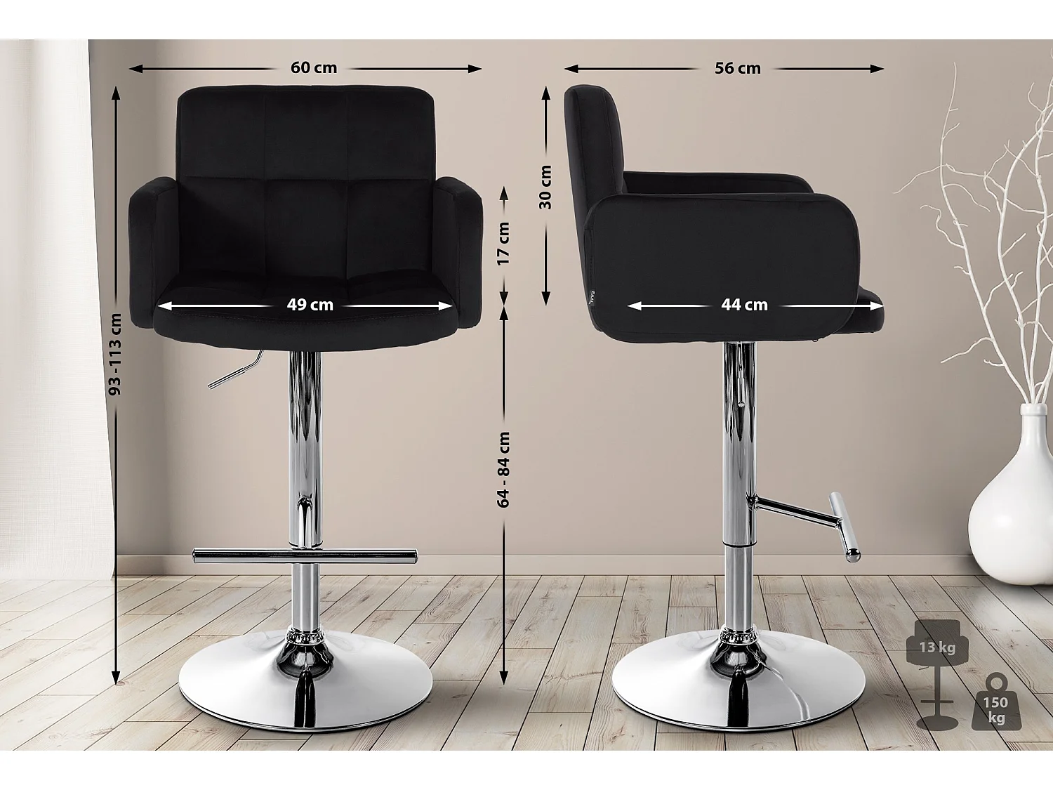 Tabouret de bar - Velours & Métal - Noir - Los Angeles