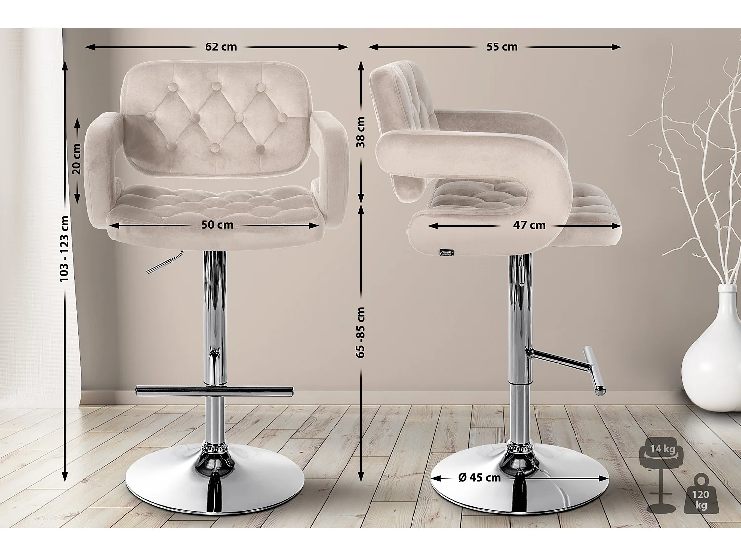 Tabouret de bar - Velours - Crème - Dublin