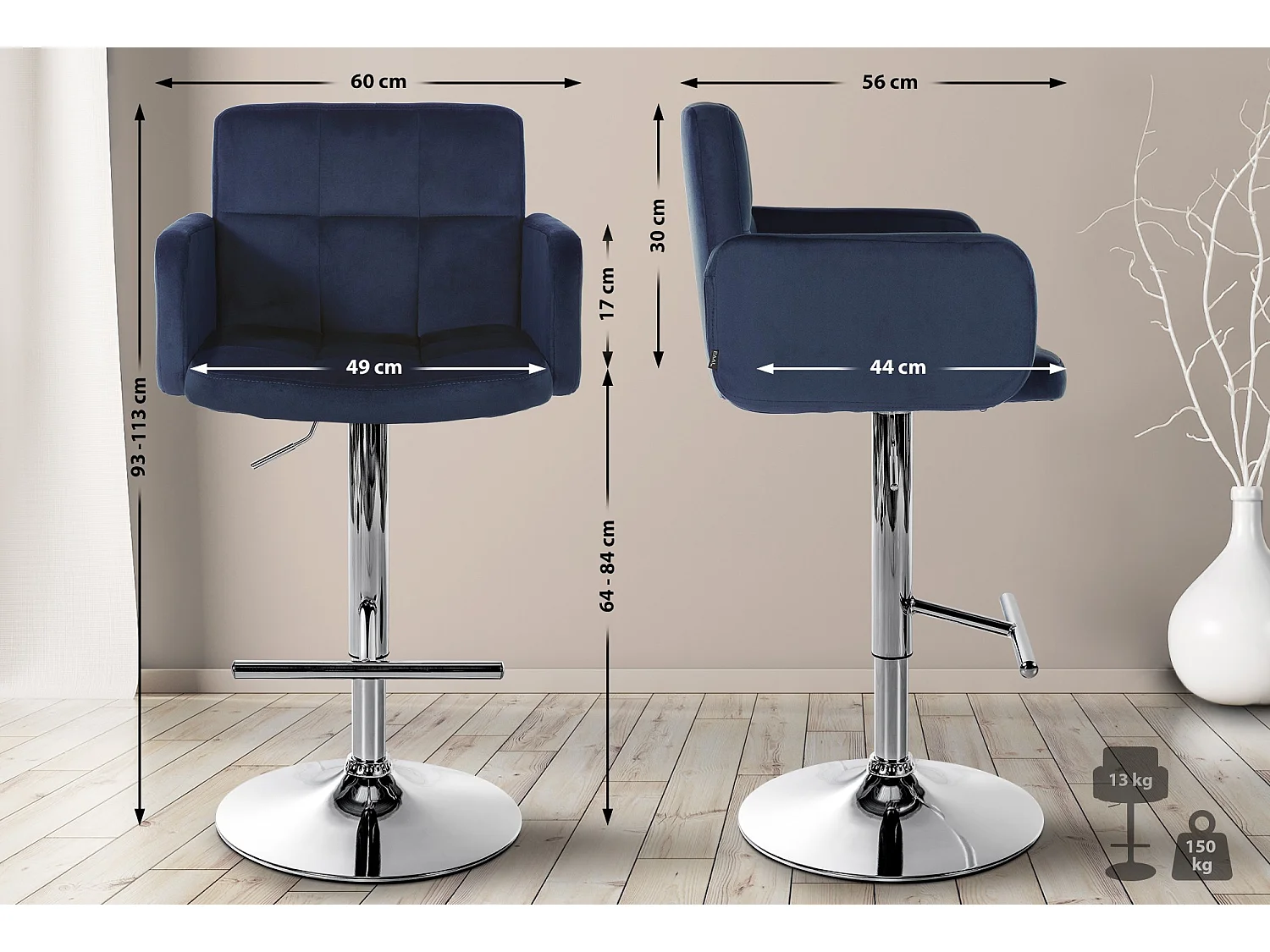 Tabouret de bar - Velours & Métal - Bleu - Los Angeles