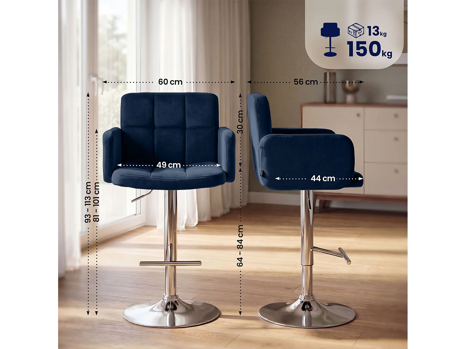 Tabouret de bar - Velours & Chrome - Bleu - Los Angeles