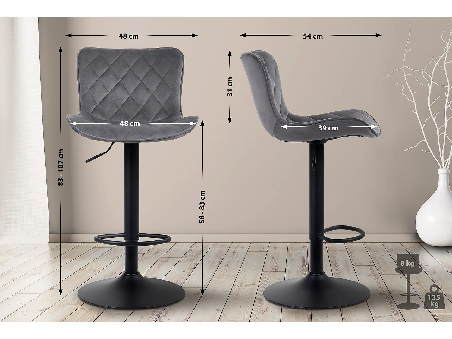 Tabourets de bar - Velours & Métal - Gris foncé - Emma