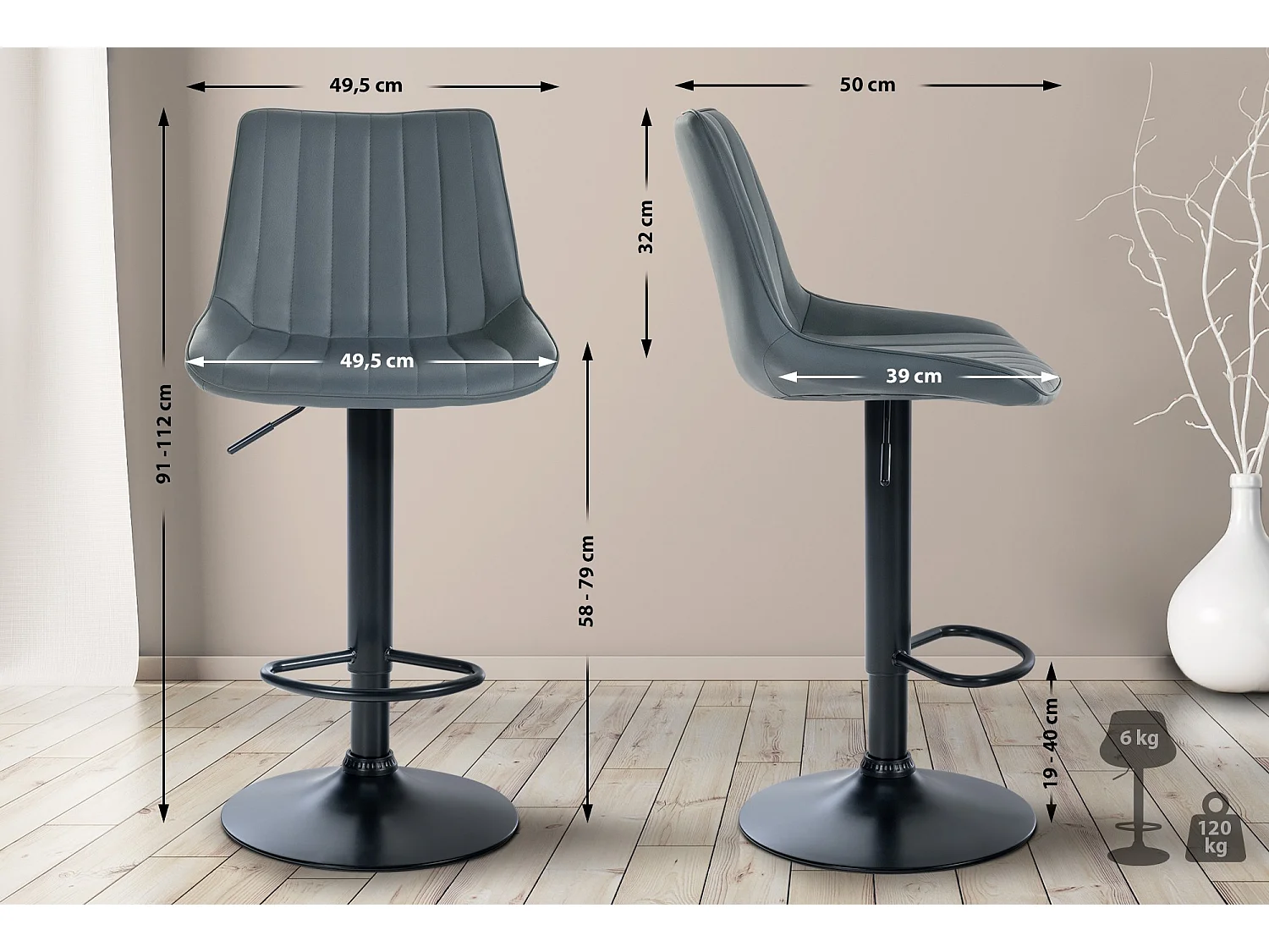 Tabouret de bar - Similicuir & Noir - Gris - Toni
