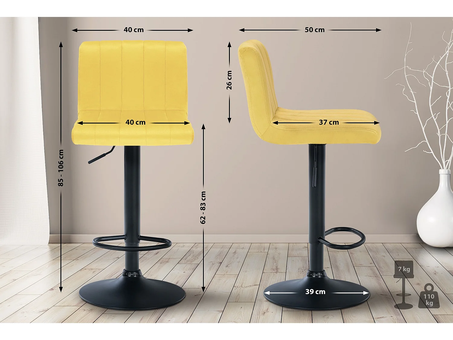 Tabouret de bar - Velours & Métal noir mat - Jaune - Jamie