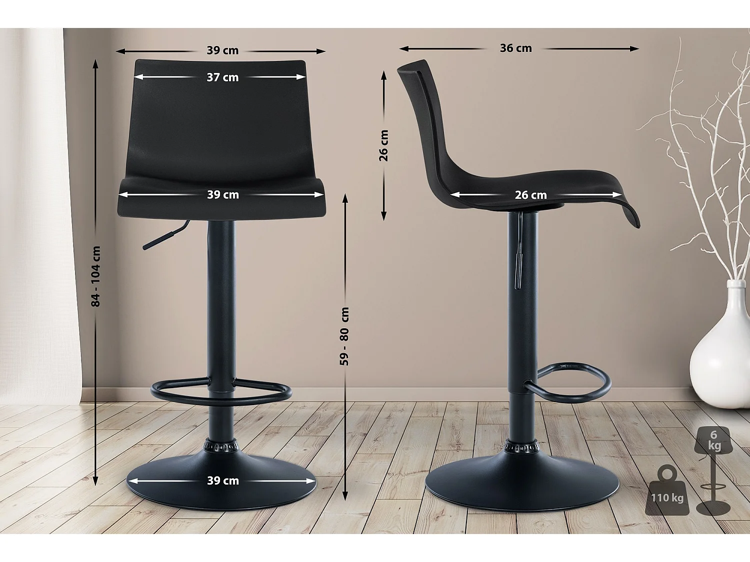 Tabourets de bar - Plastique & Métal noir mat - Noir - Branford