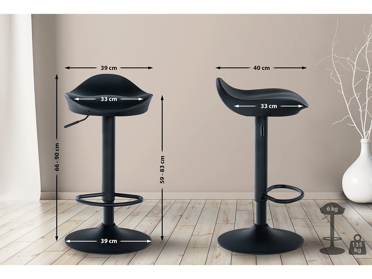 Lot de 2 Tabourets de bar - Similicuir & Métal - Noir - Alisson