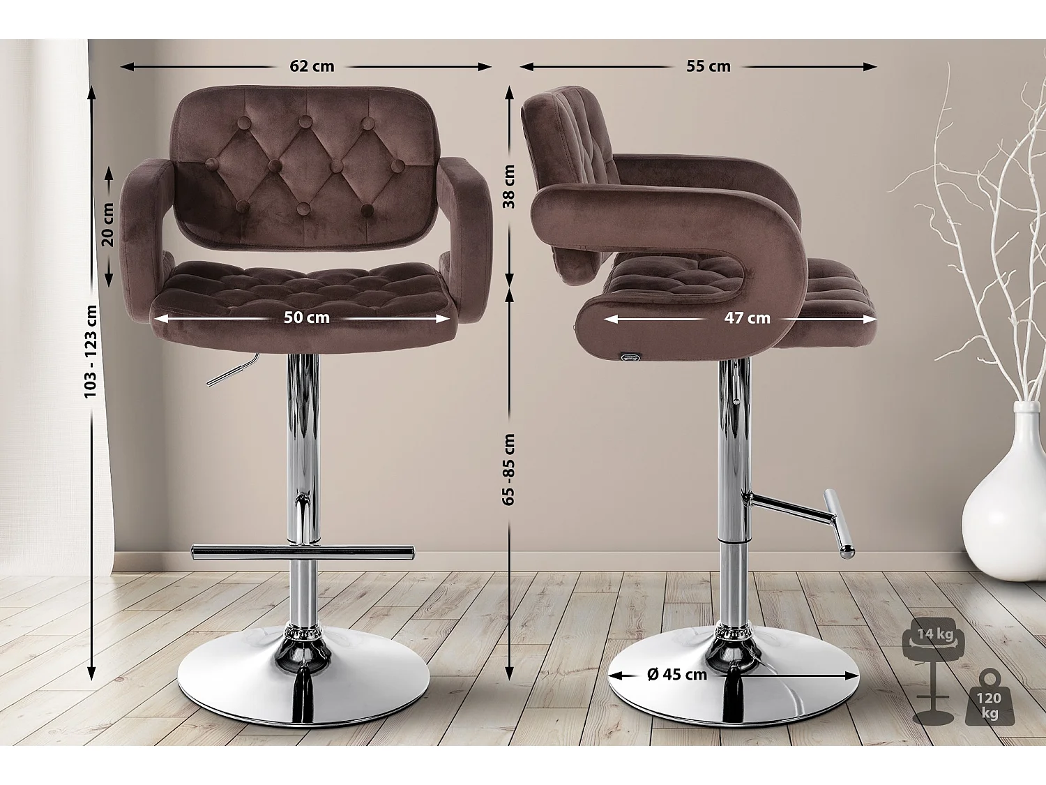 Tabouret de bar - Velours - Marron - Dublin