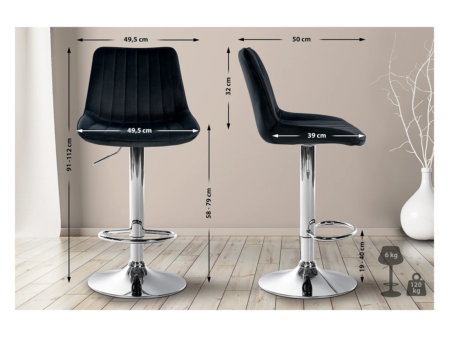 Tabouret de bar - Velours & Chrome - Noir - Toni