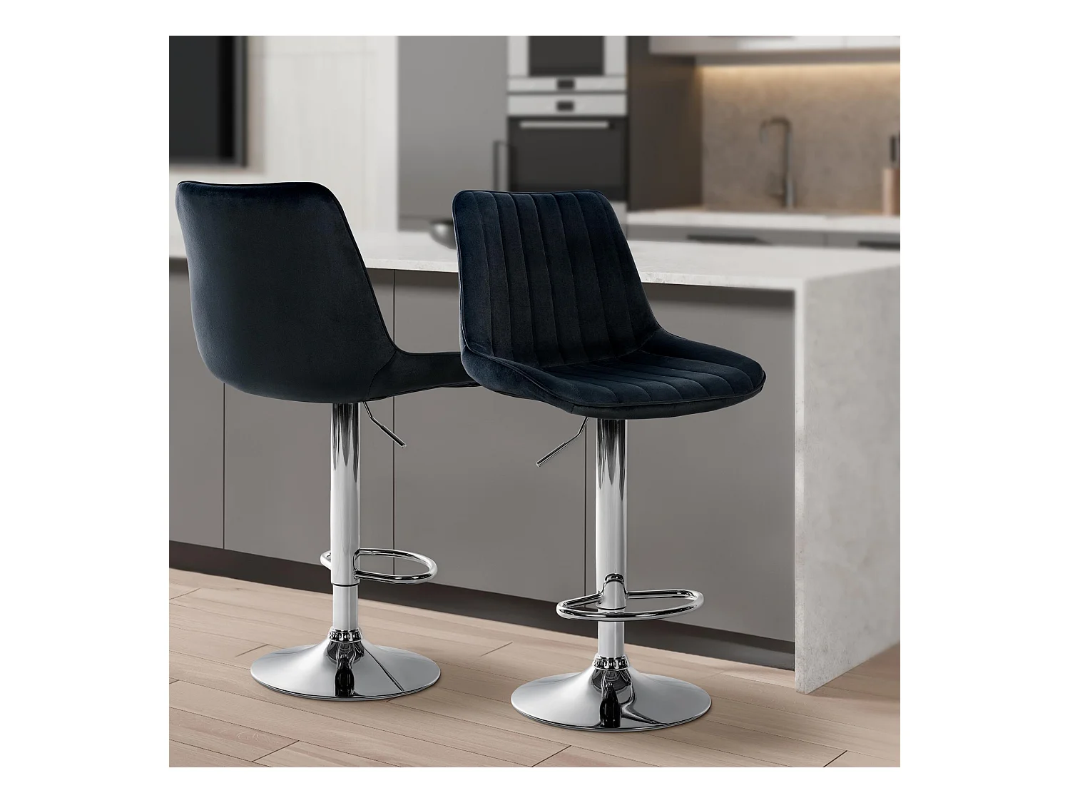 Tabouret de bar - Velours & Chrome - Noir - Toni