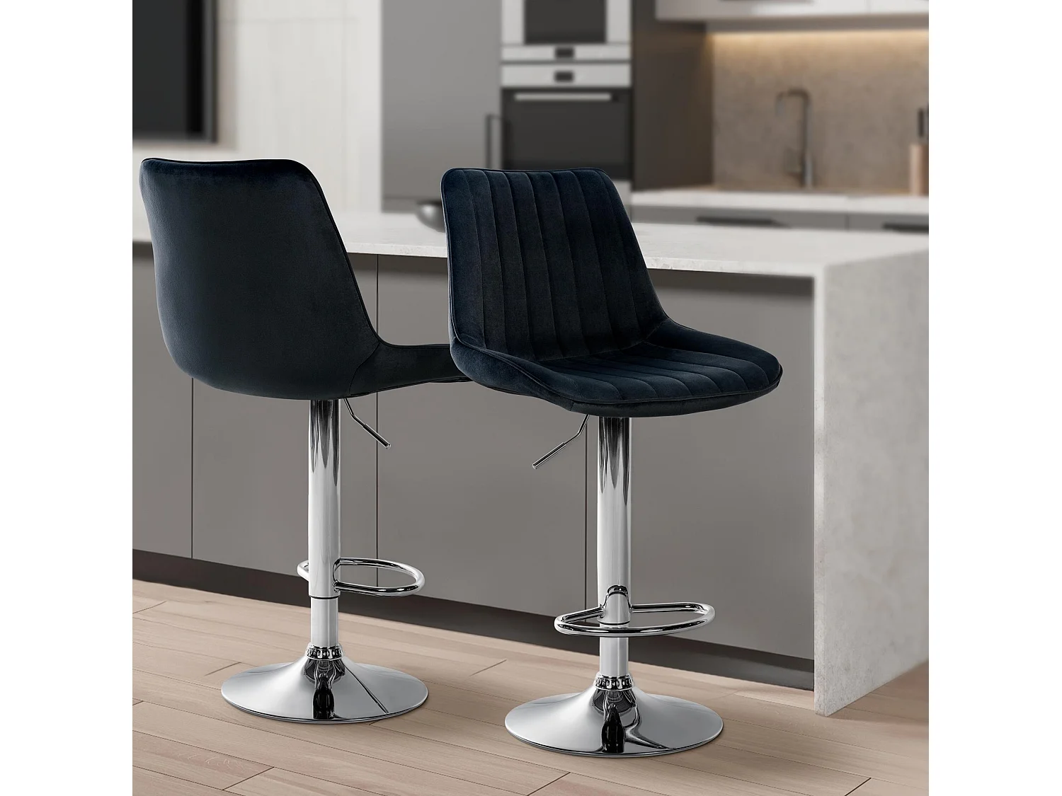 Tabouret de bar - Velours & Chrome - Noir - Toni