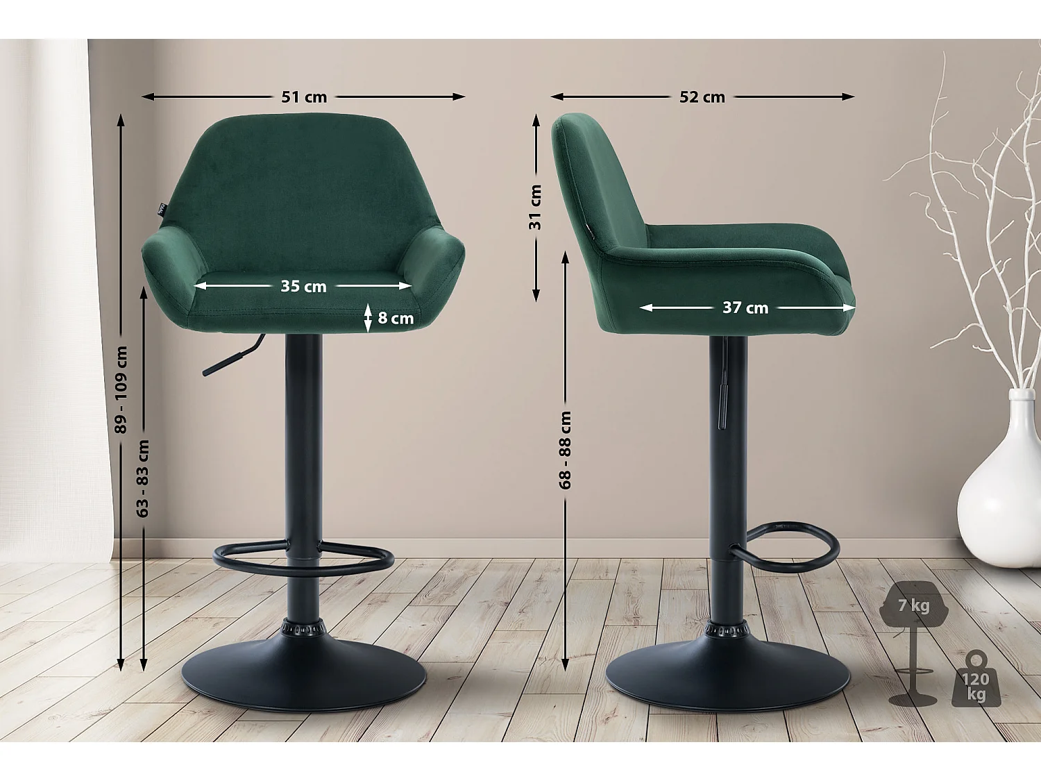Lot de 2  Tabouret de bar - Velours - Vert foncé - Braga