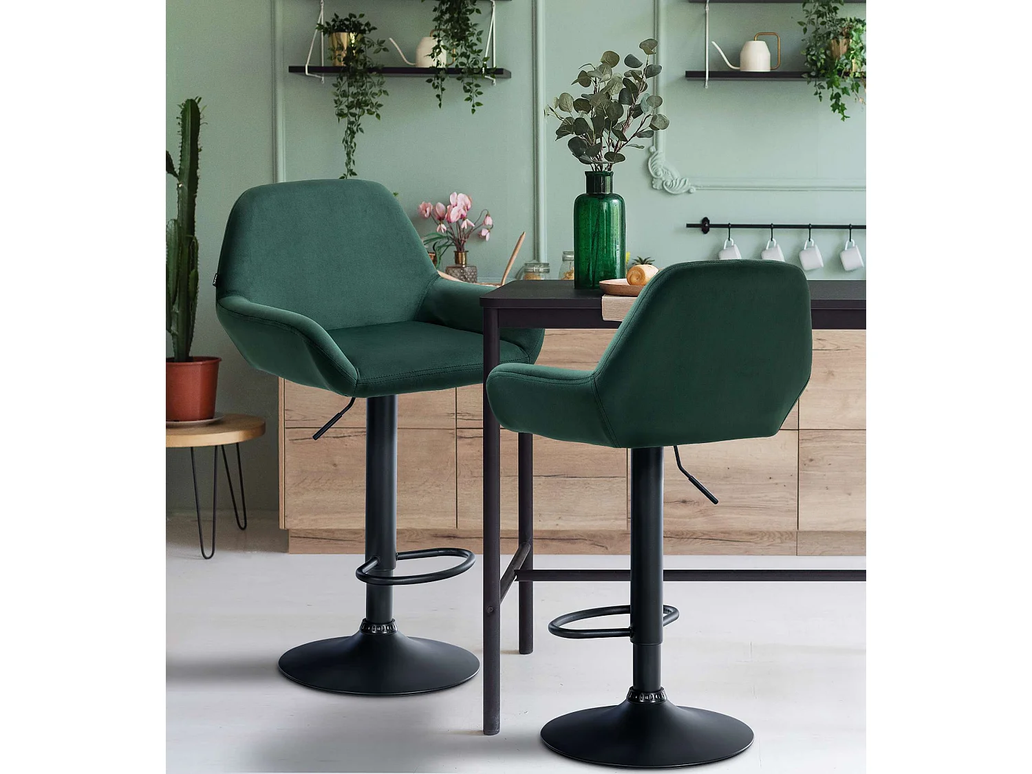 Lot de 2  Tabouret de bar - Velours - Vert foncé - Braga