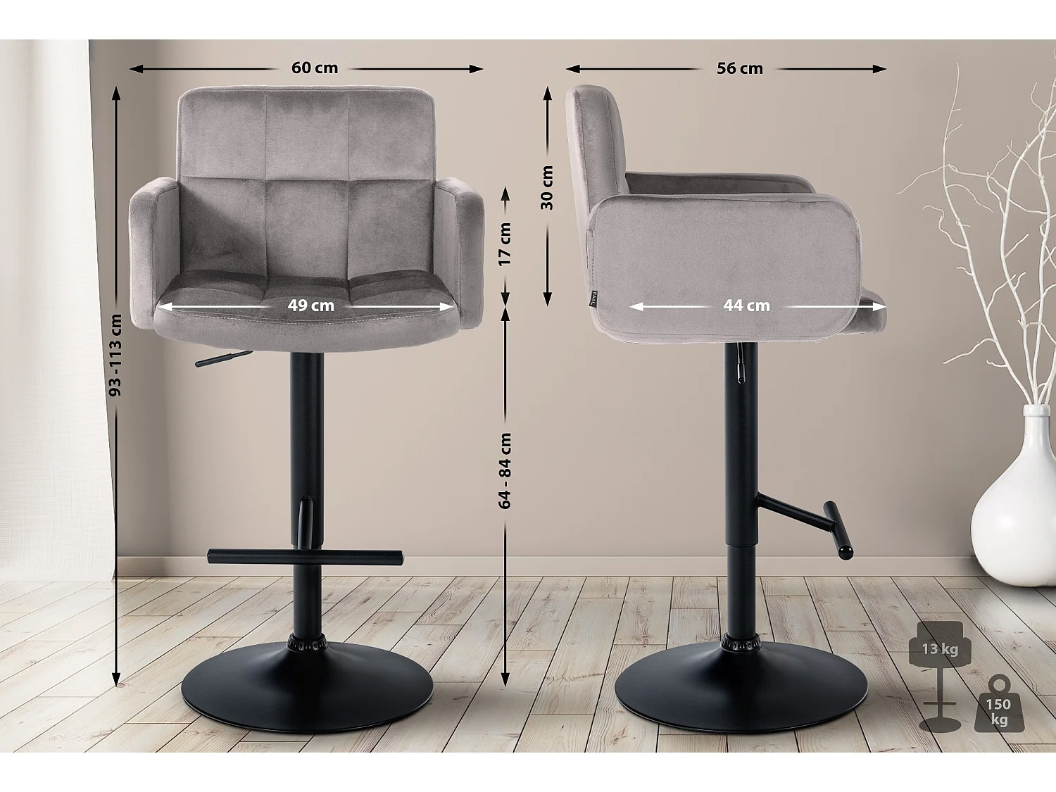 Tabouret de bar - Velours & Métal - Gris - Los Angeles