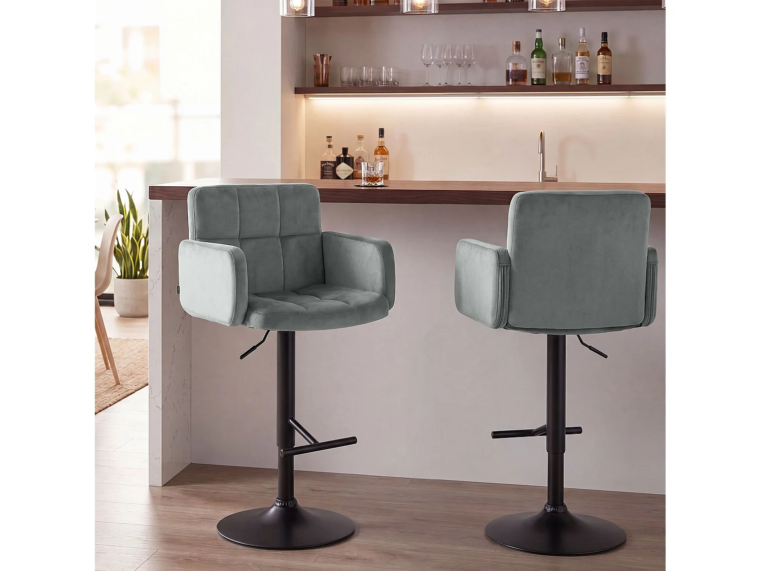 Tabouret de bar - Velours & Noir - Gris - Los Angeles