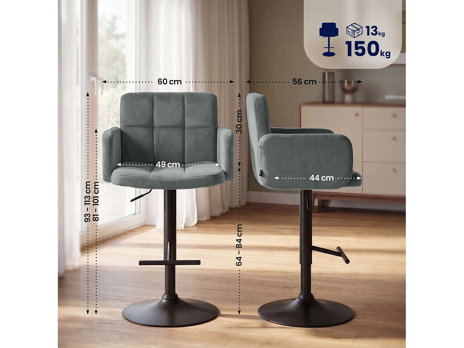 Tabouret de bar - Velours & Noir - Gris - Los Angeles