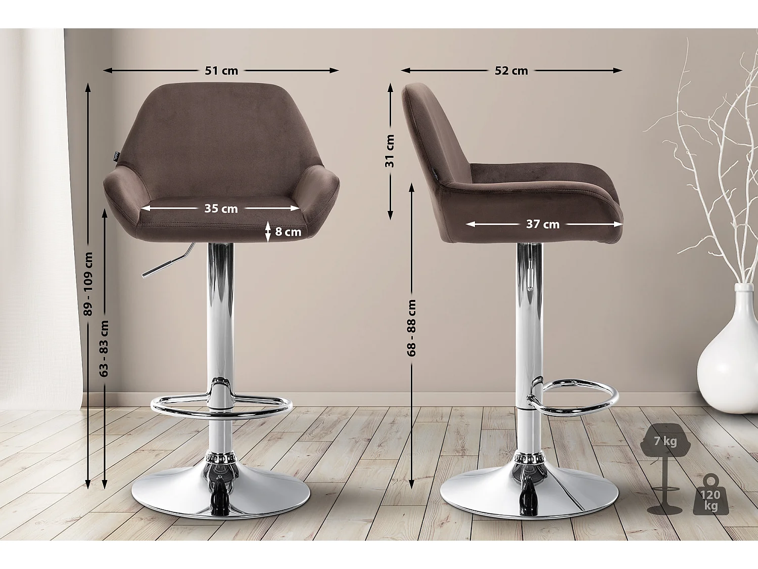 Tabouret de bar - Velours & Chrome - Marron - Braga