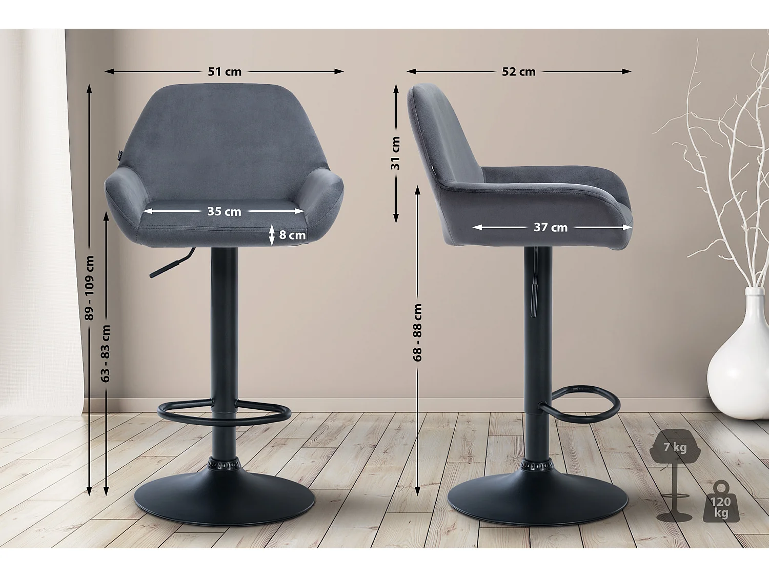 Tabouret de bar - Velours & Noir - Gris foncé - Braga