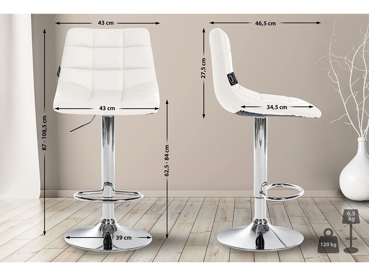 Tabouret de bar - Similicuir & Métal - Blanc - Jerry