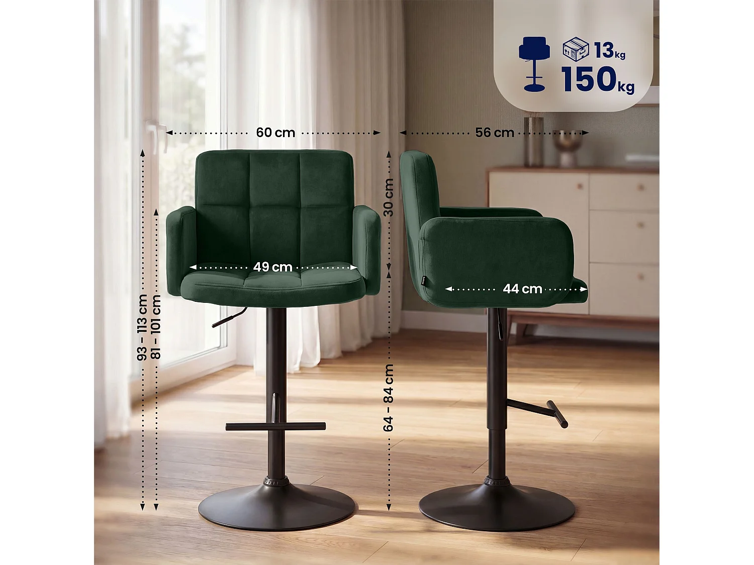 Tabouret de bar - Velours & Noir - Vert foncé - Los Angeles