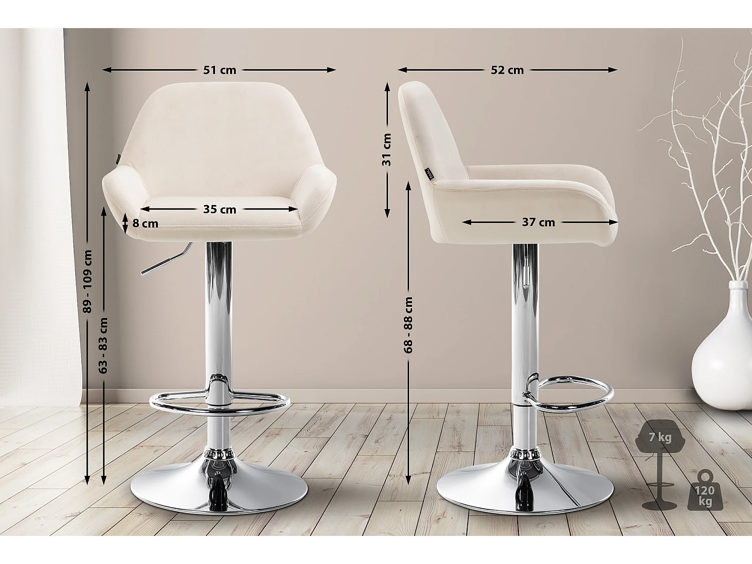 Tabouret de bar - Velours & Chrome - Crème - Braga