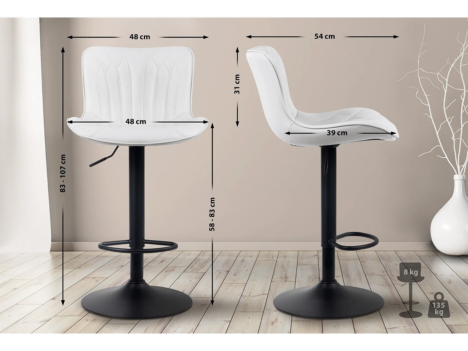 Tabouret de bar - Similicuir - Blanc - Linus