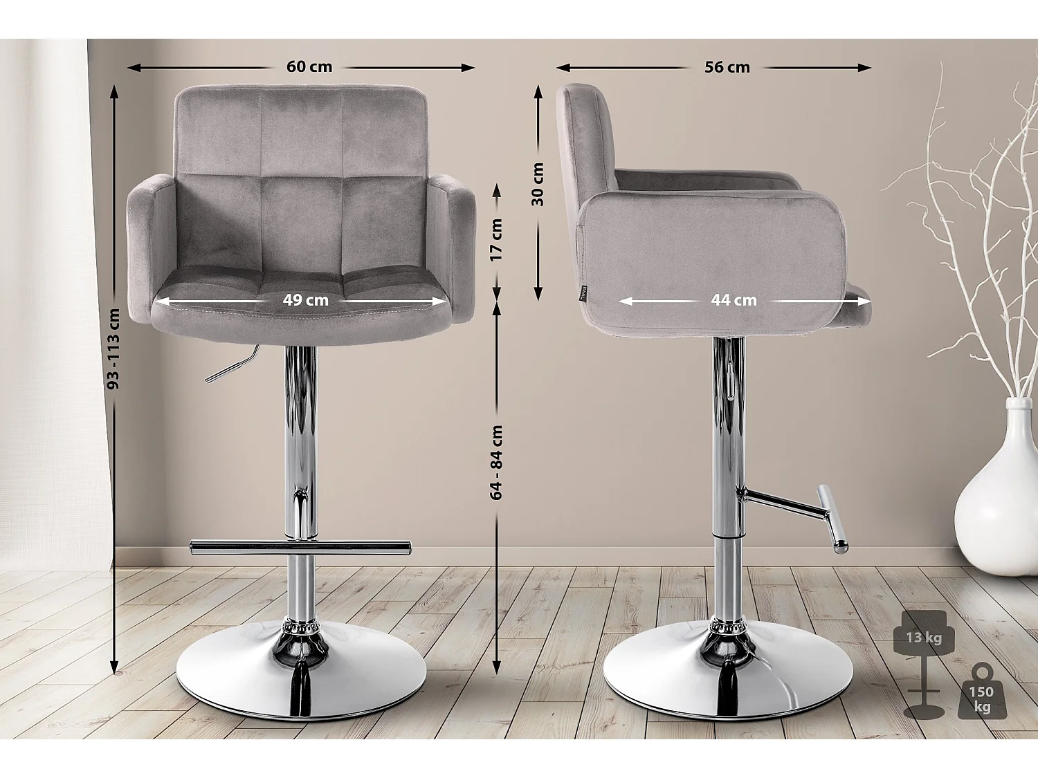 Tabouret de bar - Velours & Métal - Gris - Los Angeles